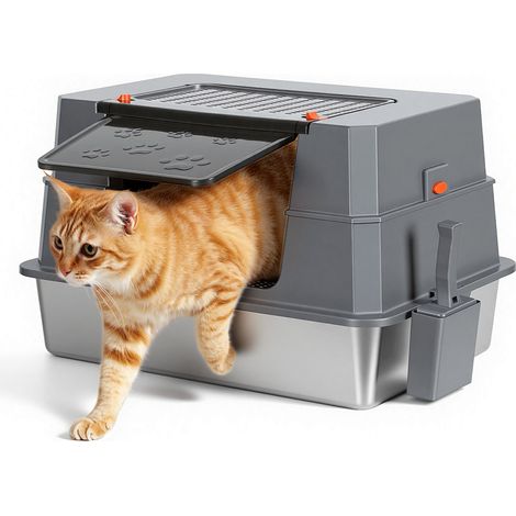 Wolketon Lettiera per gatti XXXL in acciaio inox con coperchio 70x50x43 cm bordo alto per gatti grandi