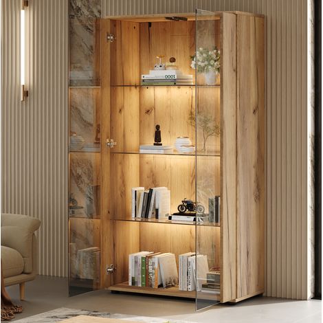 Vetrina a 2 porte in vetro, 4 ripiani, LED regolabile, 80x36x150,5 cm, naturale OKMYHOME (1/5)