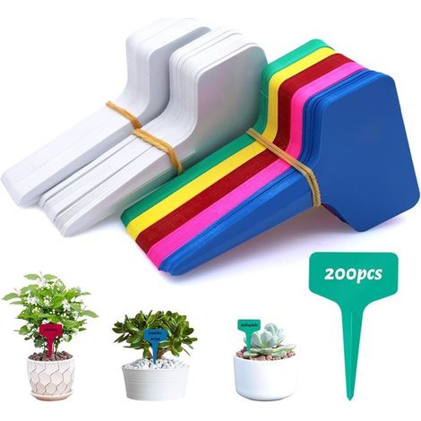Confezione da 200 etichette in plastica per piante da esterno: 100 bianche + 100 colorate, resistenti all'acqua e al sole, scrivibili. (1/5)