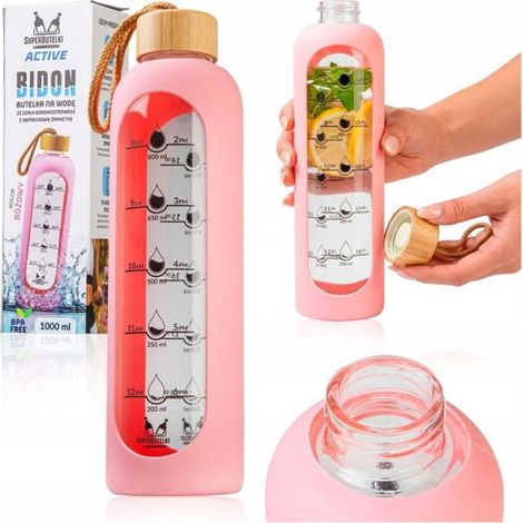 Bouteille Eau Verre - 1000 ml - Verre Borosilicate - Housse Silicone Rose - Bouchon Bois Etanche - 282 mm - 510 g (1/5)