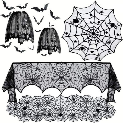Nappe Halloween - Nappe Rectangulaire Et Ronde En Dentelle - Abat-Jour Araignée - Housses Cheminée - Autocollants Chauve-Souris 3D - Lot De 5 Pièces (1/5)