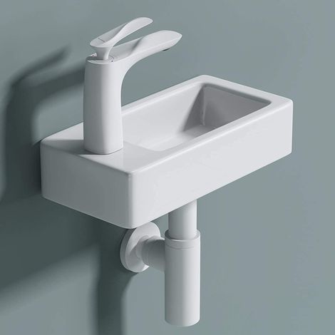 doporro® Lavabo sobre encimera en blanco de cerámica, diseño Brüssel3053 (Derecho) 37,5 cm de ancho con nano revestimiento de fácil limpieza