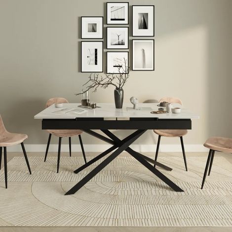 Tavolo allungabile 160 240x90cm top in ceramica effetto marmo e gambe incrociate in acciaio nero Kari (1/4)