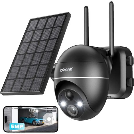 Caméra de surveillance extérieure, 5,0 mégapixels, dimensions 186 x 170 x 126 mm, connectivité sans fil, alimentée par batterie et solaire, angle de vision à 360 degrés (1/5)