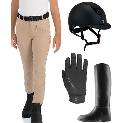 Set abbigliamento equitazione JUNIOR composto da pantalone, casco, guanti e stivali COLORI A SCELTA