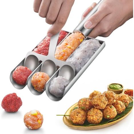 Formatrice per polpette tripla in acciaio inox, strumento per polpette, cucchiaio con bordo tagliente, set di stampi per polpette, aiuto in cucina, veloce (1/5)