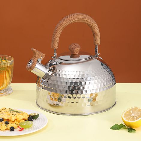 Bouilloire en acier inoxydable avec sifflet, grande capacité, fond plat, compatible avec les plaques de cuisson à gaz et à induction, 2 L. (1/5)