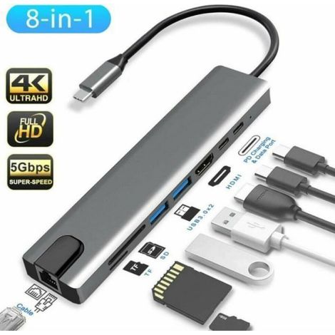 Concentrateur USB C - HDMI 4K - RJ45 Ethernet - Lecteur Carte SD TF - USB 3.0 - Charge PD 87 W - 8 En 1 (1/4)