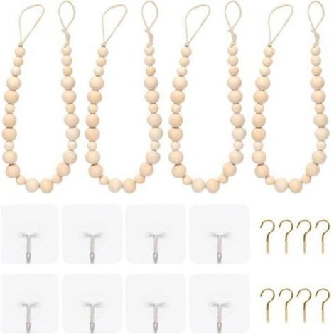 [JAMAIS UTILISÉ] Lot de 4 embrasses de rideaux en perles de bois faites à la main en corde de coton pour chambre élégante charme naturel (1/4)
