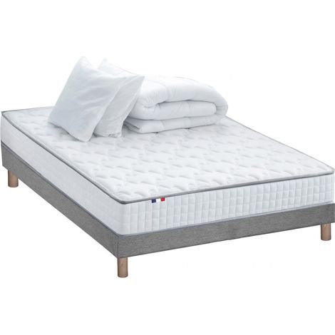 Pack matelas ressorts ASTRE + sommier kit gris + couette et oreillers 140 x 190 cm (1/5)