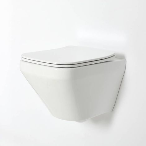 Milano Farington White Ceramic Bathroom Wall Hung Square Rimless Toilet WC with Soft Close Seat (1/5)