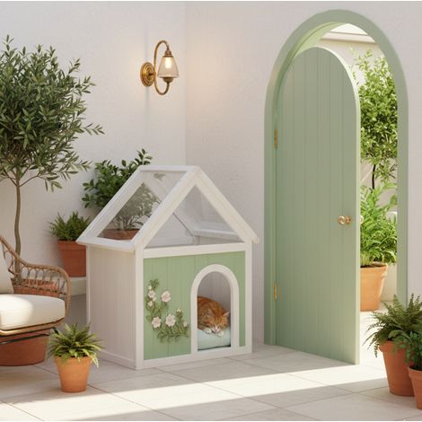 Casetta per gatti in legno FSC, tetto acrilico trasparente, 63,5 x 47,5 x 78 cm DESVIAE (1/4)