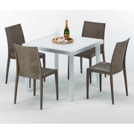 Tavolino Quadrato Bianco 90x90 cm con 4 Sedie Colorate Bistrot Love - Marrone