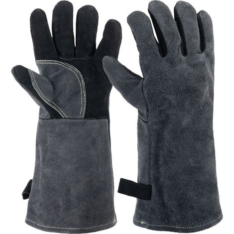 Gants de protection thermique en cuir pour barbecue, 40 cm, pour feu, soudure, cheminée, four, cuisine, poêle à frire (1/5)