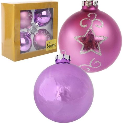 Set mit 4 eleganten Glaskugeln, 8 cm, in Lila – zwei matt, zwei verziert (1/5)
