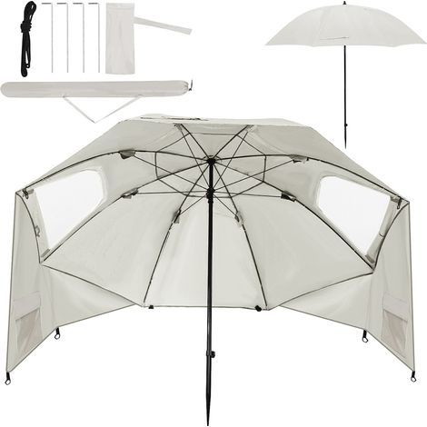 Randaco Strandschirm 210 cm Sonnenschirm mit UV Schutz 50+, neigbar mit Erdspieß und Tragetasche, wasserabweisender Gartenschirm für Strand, Garten & Balkon – Beige