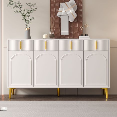Buffet Bas de Salon 140cm - Sideboard de Salle à Manger avec 4 Portes en Arche, 4 Tiroirs Cannelés, Étagères Réglables et Pieds Métal - 140x38x82cm - Blanc (1/5)