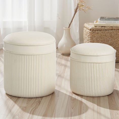 Lot de 2 poufs de rangement en velours. repose-pieds ronds gigognes avec couvercle amovible. Ø 36 et Ø 32 cm. crème