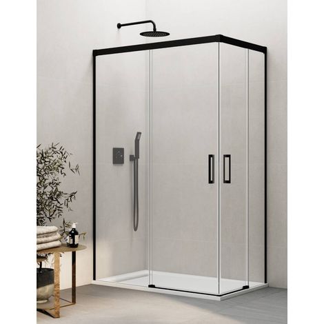 BASIC corner entry shower enclosure with two sliding doors and two fixed panels, 90x70 cm, clear glass, black finish (1/5)