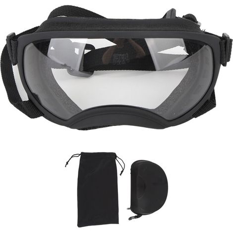 Lunettes de protection UV anti-buée pour grands chiens, ajustables et transparentes pour sécurité oculaire en extérieur.