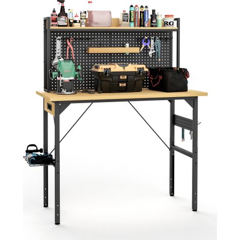 Établi réglable de 48 pouces avec panneau perforé, établi en bois robuste avec roulettes, capacité de charge de 700 kg, établi roulant avec port AC/USB, crochets, étagère, pour garage, atelier, bureau