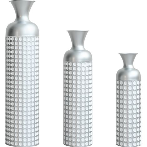 Lot de 3 vases de sol en métal argenté, finition brillante à motif pointillé, 49,5/66/84 cm, déco moderne pour fleurs séchées et pampasgras  CHICFURN (1/5)