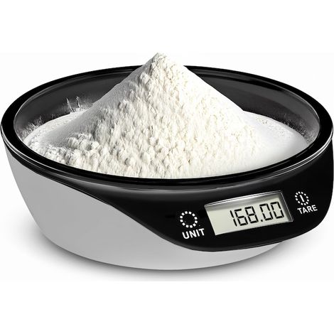 RETOO Küchenwaage mit abnehmbarer 700-ml-Schüssel, LCD-Display und rutschfesten Füßen, Tara-Funktion, max. 5 kg Tragkraft, Messgenauigkeit 1 g, inklusive CR2032-Batterie, Schwarz-Weiß (1/5)