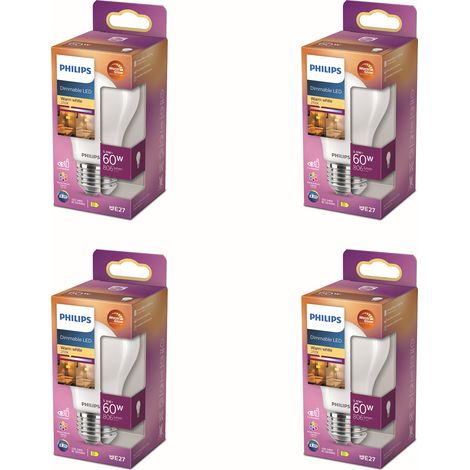 Philips Pack avantagé E27 WarmGlow Ampoule Standard Dépolie 60W Dimmable Lumière blanche chaude - 4 pièces (1/2)