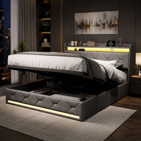 Lit coffre 140×200 cm,lumière LED et port USB,lit capitonné,chargement sans fil,lit double,rangement hydraulique,tête de lit avec rangement,cadre de lit 140×200,sommier à lattes,lit adulte,Lin,Gris (1/5)