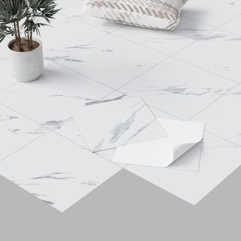Revêtement de sol en PVC autocollant effet marbre - Sol en vinyle - Antidérapant - Imperméable - Découpable - Aspect carrelage - Pour cuisine, salon, balcon - Blanc mat - 20 carreaux - 1,8 m² (1/5)