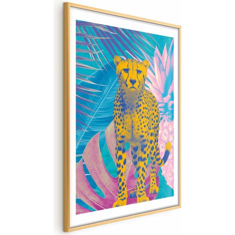 Exotisches Leopardenposter – Farbenfrohes Porträt eines Geparden vor tropischem Blätterhintergrund (1/4)