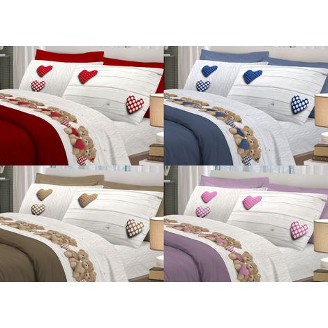 Completo Lenzuola Linea Pensieri Delicati 100% Cotone Disegno New Orsetti, misuraMatrimonialecoloreBlu