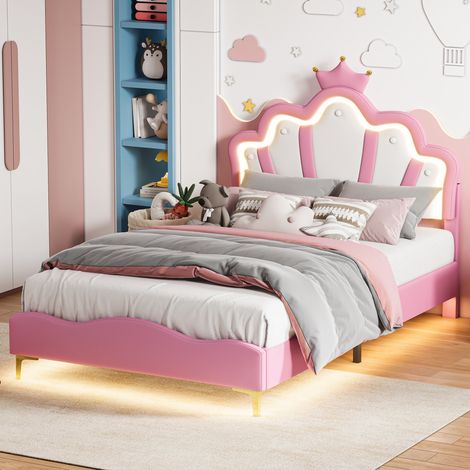Letto 140x190 cm - Letto per bambini 140x190 con rete - Struttura letto imbottita 140x190 cm con testiera a corona LED RGB - Rosa