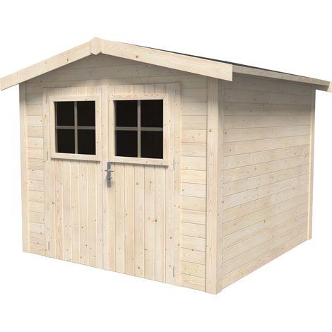 Décor Et Jardin – Abri de jardin bois 229x233cm – Surface utile 5,07 m² – Épaisseur madriers 19 mm – Double porte vitrée avec serrure – Toiture en feutre bitumeux (1/2)