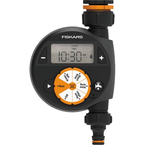 Fiskars Programmateur - 1 Sortie - Pour toutes les Tailles de Robinets courantes, Ecran LCD facile à lire, Taille universelle, 380 g, Noir/Orange, 1054791 (1/4)