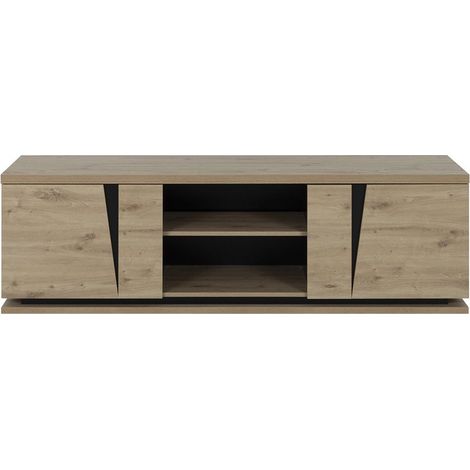 Calicosy – Meuble TV 2 portes chêne beige – 2 niches de rangement – Dessus épais 35mm pour grands téléviseurs – Fabrication française (1/8)