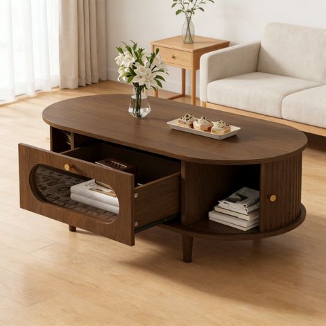 Table basse salon 100×50×36 cm finition bois noyer, avec tiroir et porte roulante, 4 pieds stables, meuble d’appoint design pour canapé (1/5)