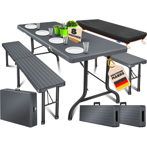 KESSER® Bierzeltgarnitur - 3-teilig Set   Tisch + 2 x Bank   für drinnen - draußen   klappbar   Tragegriffe   HxBxT: 73x180x75 cm    Kunststoff   Rattan   Anthrazit