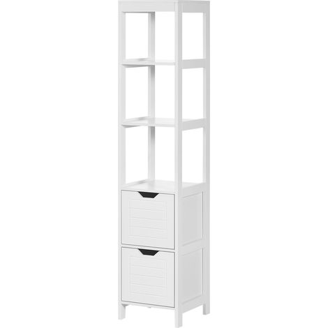 Meuble colonne 3 étagères 2 tiroirs rangement design antivuelco blanc 30x30x144 cm