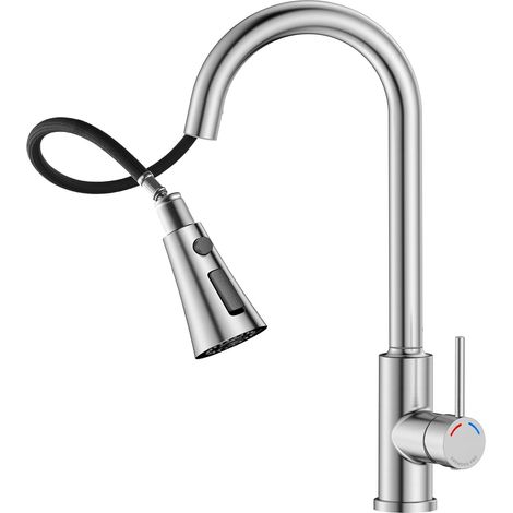 Robinet de Cuisine à Ressort avec Douchette Extractible, Mitigeur Évier Bec Haut Pivotant 360°, 4 Modes de Jet, Acier Inoxydable Brossé, Installation 1 Trou (38,6 cm) (1/3)
