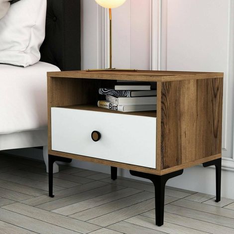 Chevet, Commode basse, Table de nuit, Étagère de chevet, 56x40h51 cm, Noyer et Blanc (1/5)