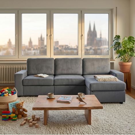 Divano angolare grigio 245,5 cm con contenitori, chaise longue reversibile e comfort con molle insacchettate (1/5)