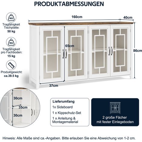 MEUBLIV Sideboard 160 x 40 x 86 cm weiß – Glastüren, viel Stauraum (1/5)