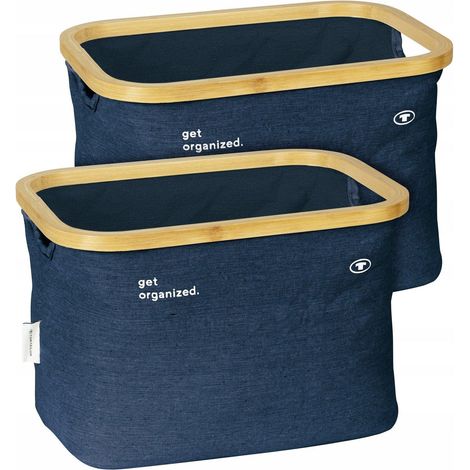 Lot de 2 Paniers de rangement TOM TAILOR et WENKO, Polyester avec cadre en bambou, Corbeille de rangement, organisateur salle de bain, rangement tiroir, Coloris Bleu Navy , Dim(H,l,P en cm) 26 x38x26