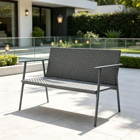 Banc de jardin 2 places en résine tressée et acier, avec coussin, dossier et pieds réglables (1/5)