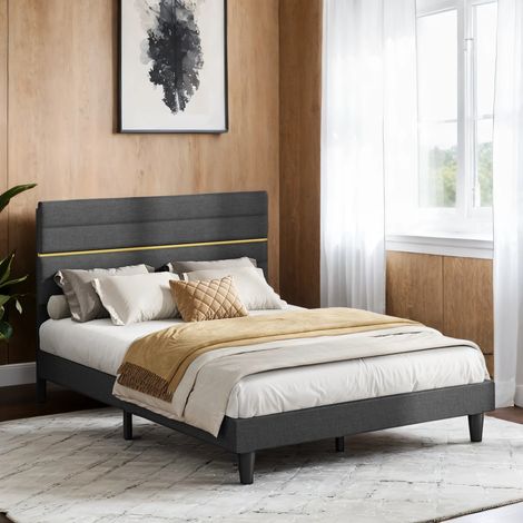 Lit Double avec Matelas 140 x 190 cm, Mousse Mémoire de Forme, Chambre, Tête de Lit Ajustable, Bleu et Gris (1/5)