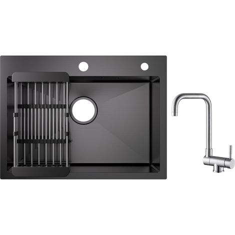 Cecipa 60×45×18 cm Lavello da Cucina Nero - Lavello a 1 Vasca con Cestello di Scarico + rubinetto da cucina pieghevole Miscelatore lavello pieghevole spazzolato (1/5)
