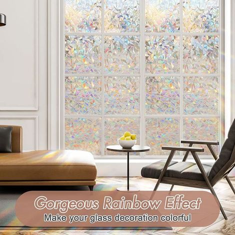 Film Electrostatique Vitre Effet Arc-en-Ciel, Film Fenetre Anti Regard Décoratif, Brise Vue Fenetre 3D Anti UV, Films Occultant Fenêtre Idéal pour Chambre, Bureau, Cuisine, Maison, 90x200cm (1/4)