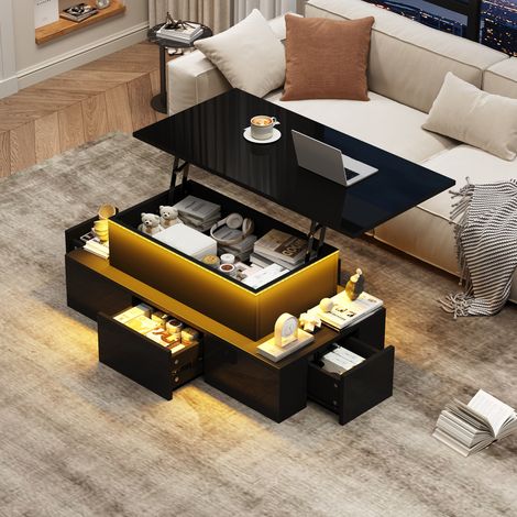 Table basse relevable noire en MDF avec 4 tiroirs et LED (1/5)