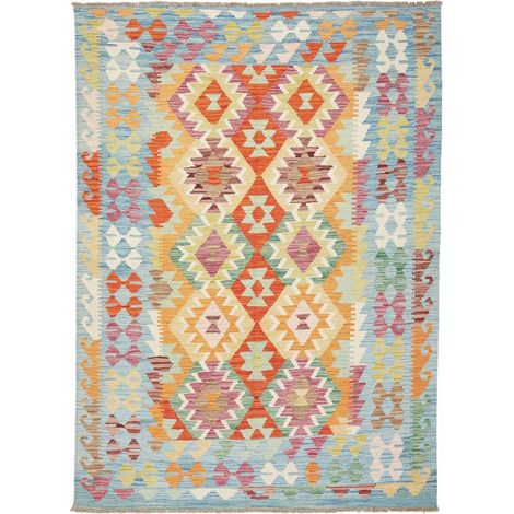 Tapis kilim 147 x 206 cm, ethnique, multicolore, bleu, orange, en laine naturelle, tissage plat authentique (1/5)